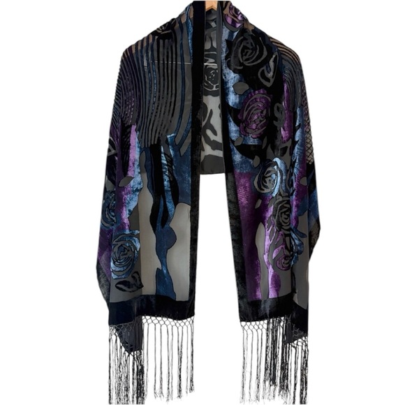 Velvet Burnout Womens Scarf Black Purple Blue Floral Boho Whimsigoth 20" X 67" - Picture 1 of 9